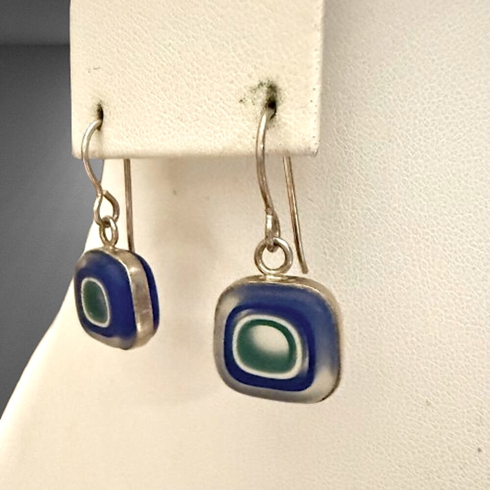 Handcrafted Blue & Green Fused Glass Silver Drop Earrings